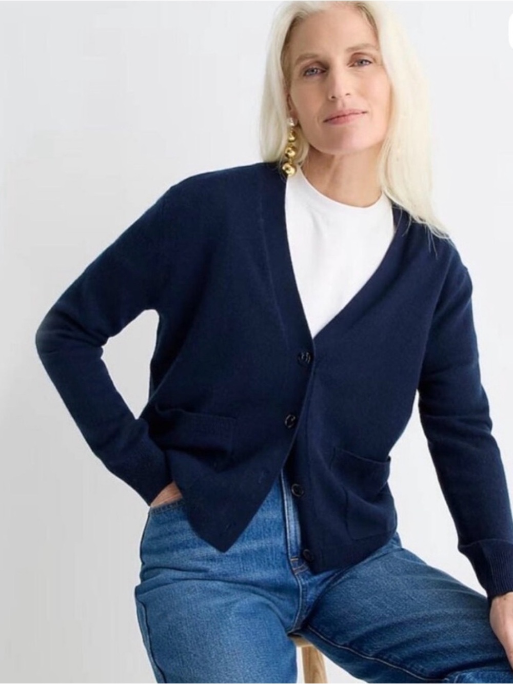 $218 J. Crew 💯 Cashmere Patch Pocket Cardigan Sweater Navy Blue, M, Medium